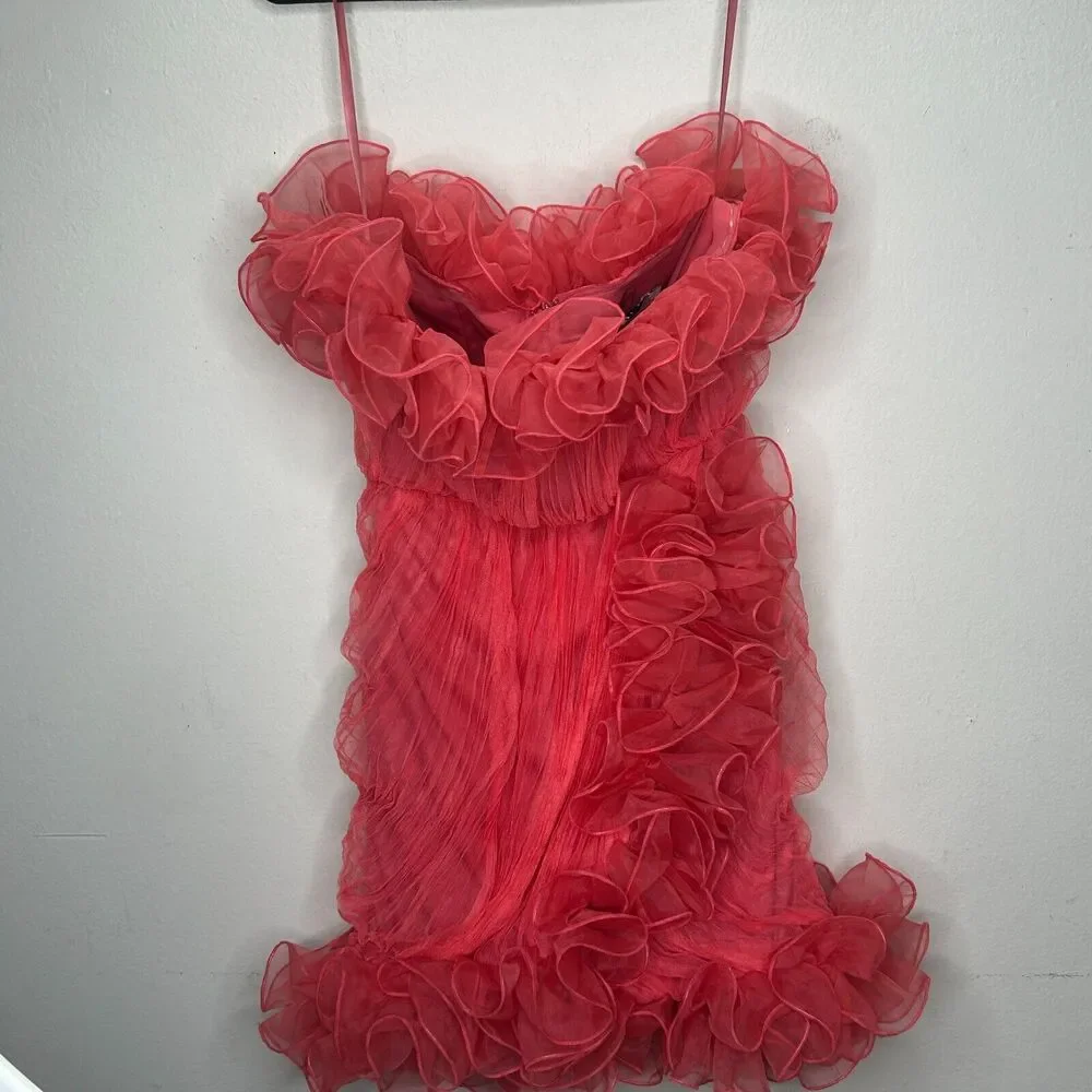 ASOS Design Red Bodycon Ruffle Mesh Bandeau Neck Strapless Mini Dress 4 - Picture 6 of 13